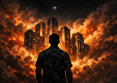 Cityscape Dreamscape with Figure and Clouds