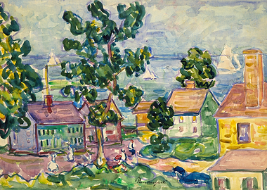 Impressionistic Coastal Village Watercolor Painting