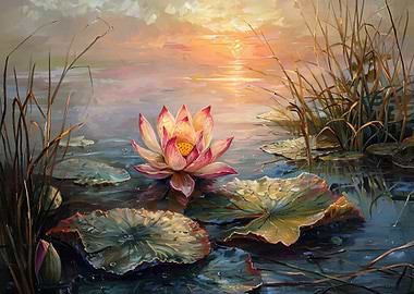 Lotus Flower in Pond at Sunset