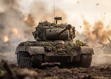 Camouflaged Tank in Battlefield