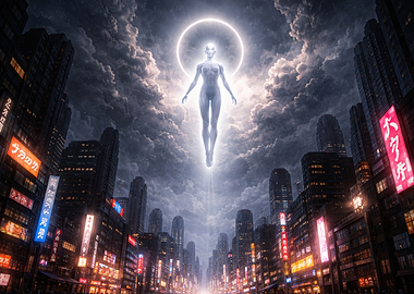 Cyberpunk City with Floating Figure