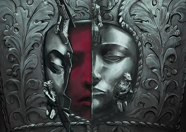Dual Face Carving with Red Backdrop