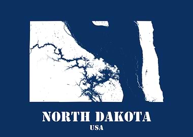 North Dakota USA State Minimalist White Topographic Contour Map featuring terrain on navy blue background