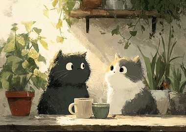 Quiet Coffee Ritual - Two Cats Sharing a Calm Moment