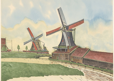 Watercolor Painting of Dutch Windmills