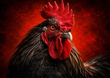 Rooster Portrait on Red Background