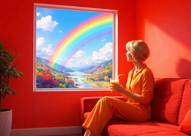 Woman with Juice Gazing at Rainbow