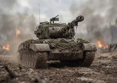 Camouflaged Tank in Battlefield