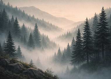 Misty Forest Landscape with Evergreen Trees
