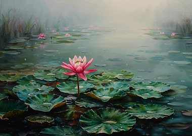 Pink Water Lily Pond Painting