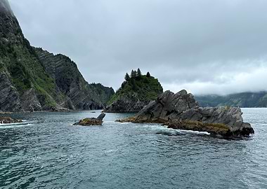 Gloomy Coastal Landscape with Rocky Outcrops