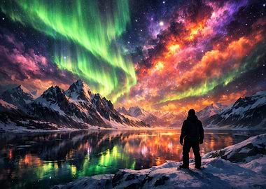 Aurora Borealis over Snowy Mountains and Lake