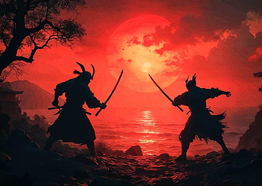 Samurai Duel Under Red Moon