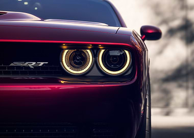 Red Dodge Challenger SRT Headlights Close-Up