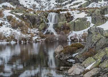 Winter Waterfall and Lake Landscape