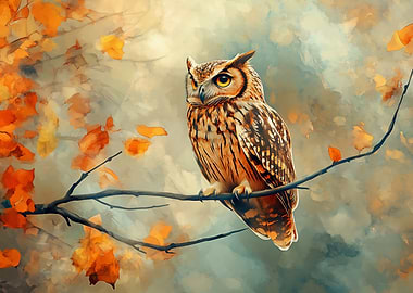 Owl Perched on Branch with Autumn Leaves