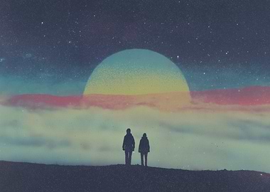 Two Silhouettes Under a Celestial Sky