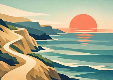 Coastal Road at Sunset Illustration