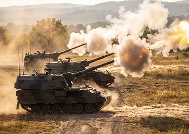 Military Tanks Firing on Battlefield