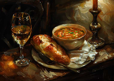 Still Life with Soup, Bread, and Wine