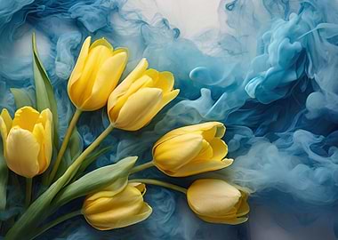 Yellow Tulips with Blue Smoke Background
