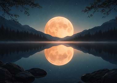 Full Moon Over Mountain Lake Reflection