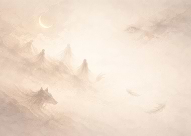Ethereal Dreamscape with Wolf and Figures