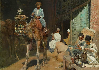 Orientalist painting of a camel caravan