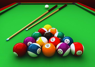 Billiard Table with Balls and Cues