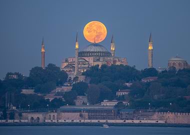 Hagia Sophia Mosque with Setting Supermoon
