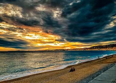 Dramatic Sunset Nice France Mediterranean Waves Promenade Anglais Cote Azur Seascape