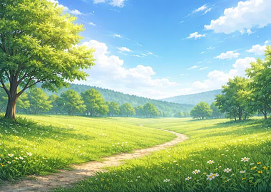 Lush Green Field with Path