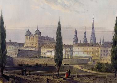 Cityscape Painting with Buildings and People