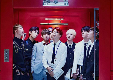 BTS Group Portrait in Red Elevator
