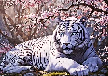 White Tiger with Cherry Blossoms