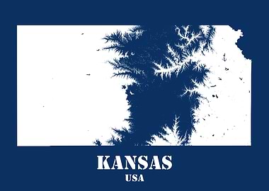 Kansas USA State Minimalist White Topographic Contour Relief Map featuring terrain on navy blue background