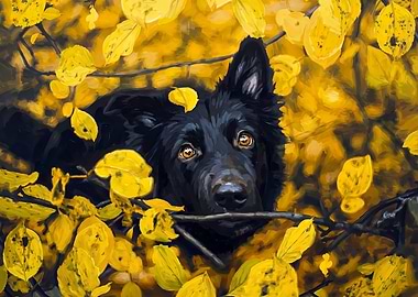 Black Dog in Autumn Leaves Painting