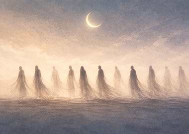 Ethereal Figures Under Crescent Moon