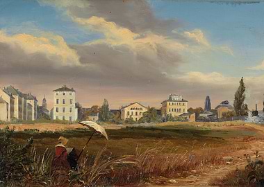 Painter in a field, cityscape backdrop