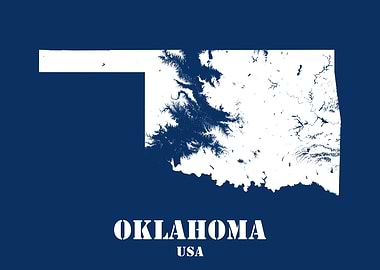 Oklahoma USA State Minimalist White Topographic Contour Relief Map featuring terrain on navy blue background