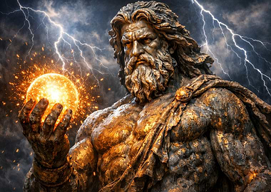 Zeus Holding Orb with Lightning Background