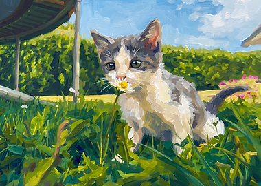 Kitten with Daisy in Grassy Field