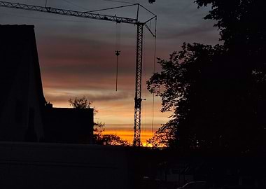 Sunset with Crane Silhouette