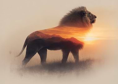 Lion and Sunset Double Exposure