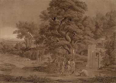 Sepia Landscape with Figures and Building