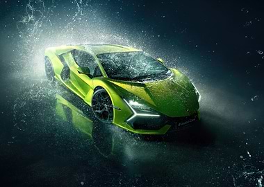 Green Lamborghini in Water Splash