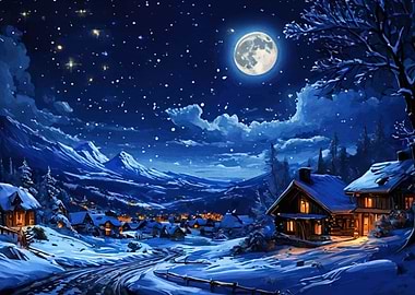 Winter Village Under Moonlight
