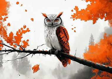 Owl on Branch in Autumn Landscape