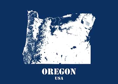 Oregon USA State Minimalist White Topographic Contour Relief Map featuring terrain on navy blue background