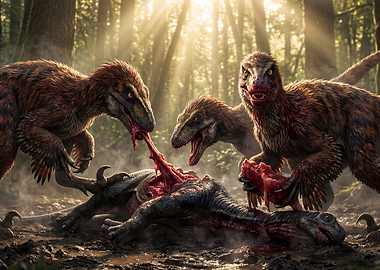 Deinonychus Feast in Forest